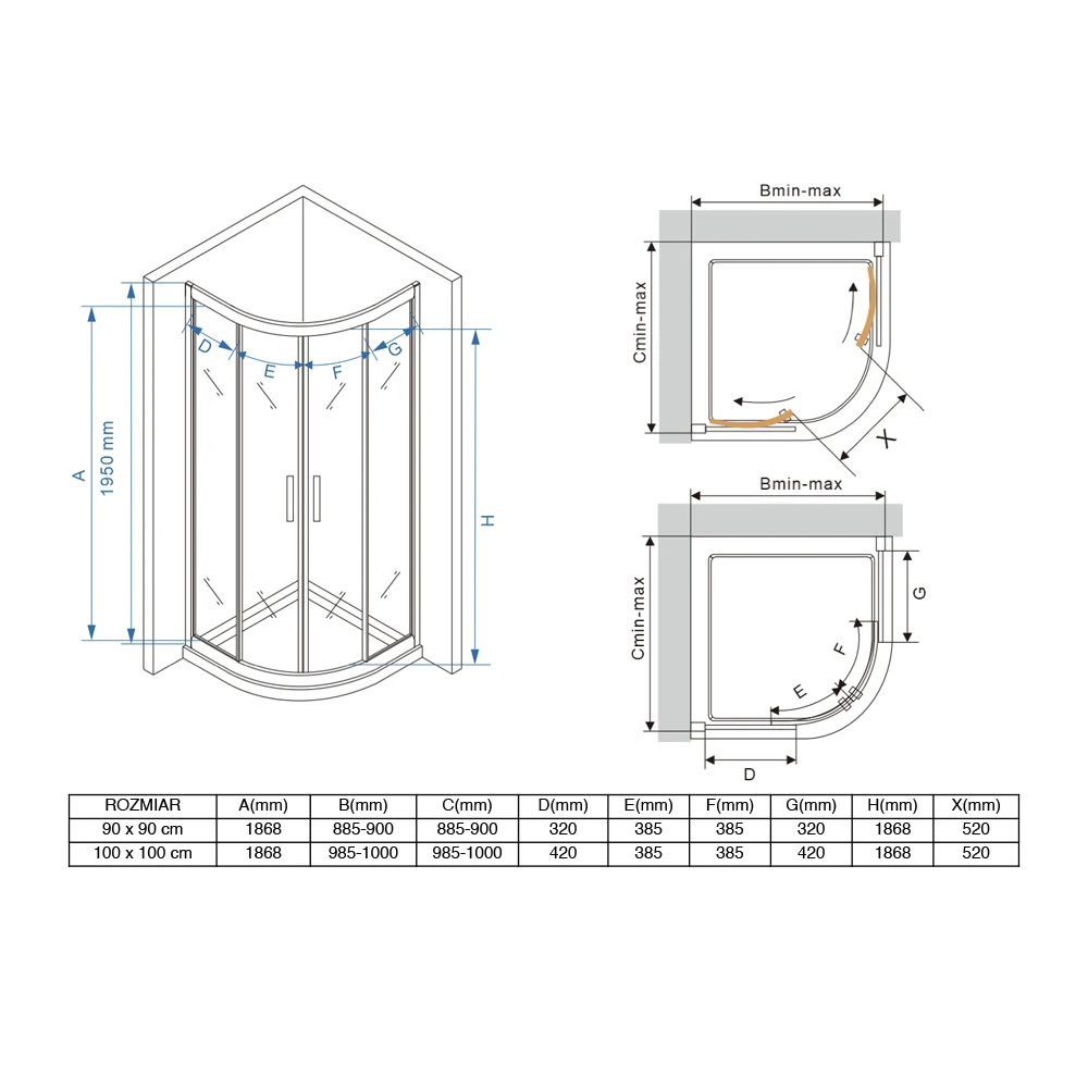 Wymiary kabiny półokrągłej z drzwiami przesuwanymi